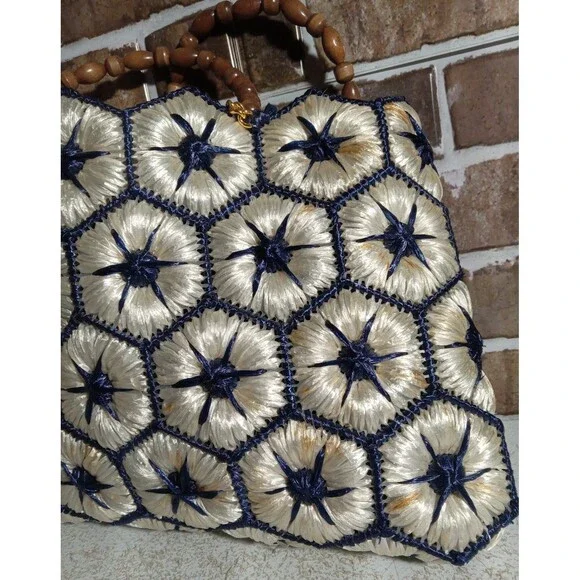 Vintage Straw Woven Blue Star Handbag - Picture 8 of 12